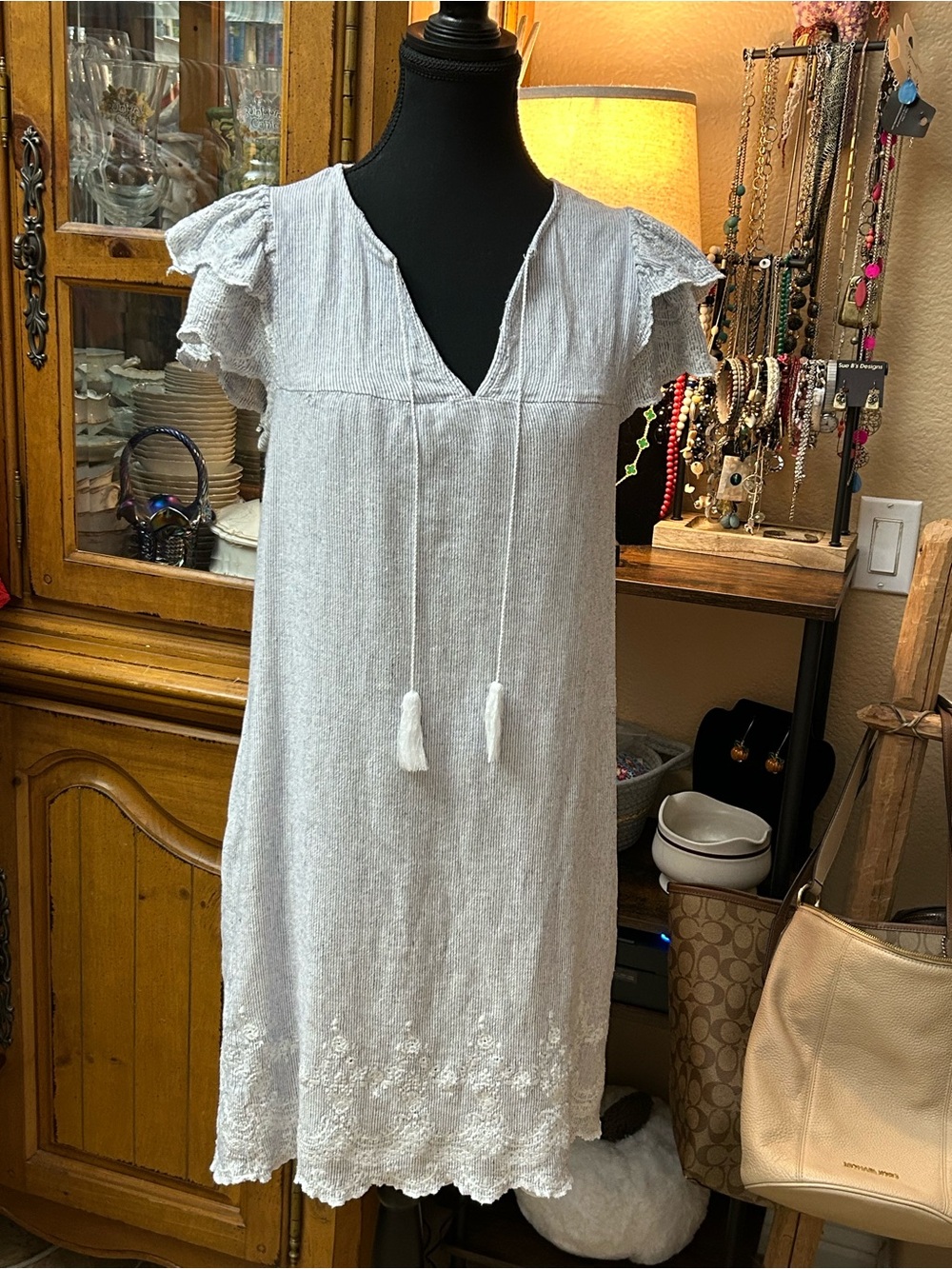 Old Navy Light Gray Tassel V-Neck Midi Dress